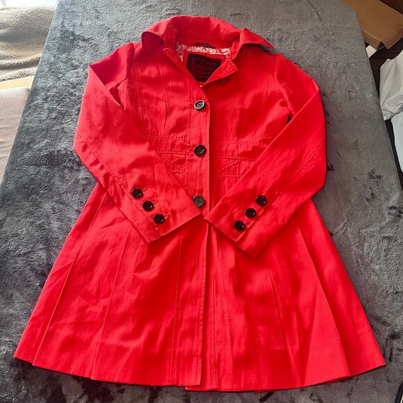 Sexy Guess Red Floral-Lined Trench Coat S – Flared Hem, Vintage Inspired - Picture 1 of 5